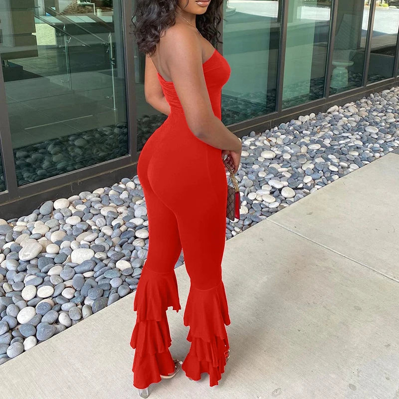 Women Strapless Bodycon Sexy Casual Jumpsuit Red Fashion New Backless Rompers Stacked Flared Pants Streetwear Overalls One Piece