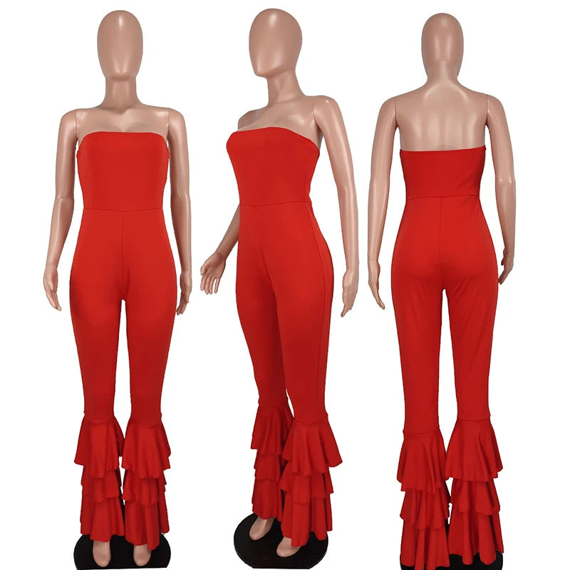 Women Strapless Bodycon Sexy Casual Jumpsuit Red Fashion New Backless Rompers Stacked Flared Pants Streetwear Overalls One Piece